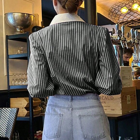 Black Casual Women's Button Down Long Sleeve Loose Fit Striped Blouse - Picture 3 of 4